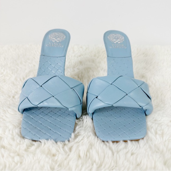 Vince Camuto Blue Leather Woven Strap‎ Dress Mule Heeled Sandals - Picture 2 of 8